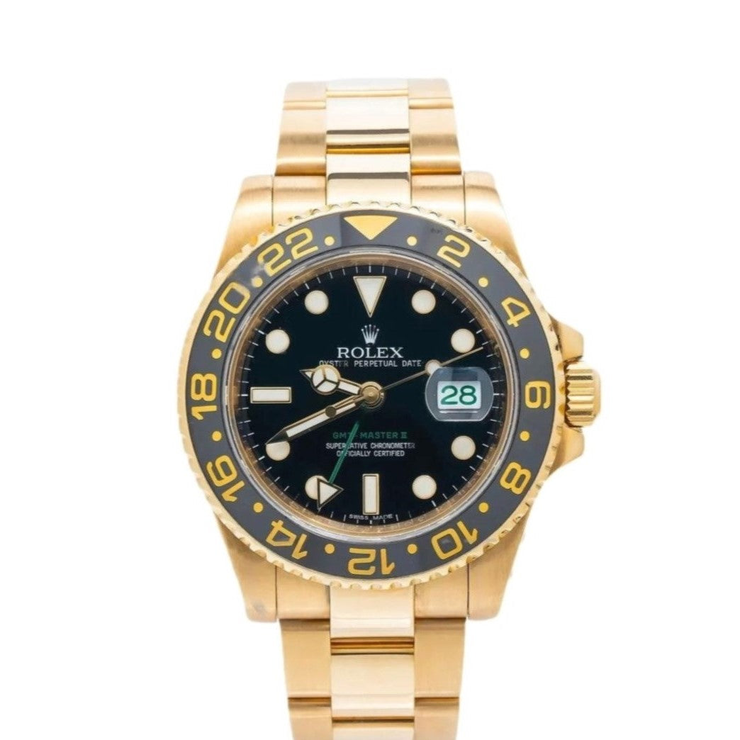 Rolex GMT-Master II 40mm Black Dial Black Bezel Oyster 18k Yellow Gold Watch 116718