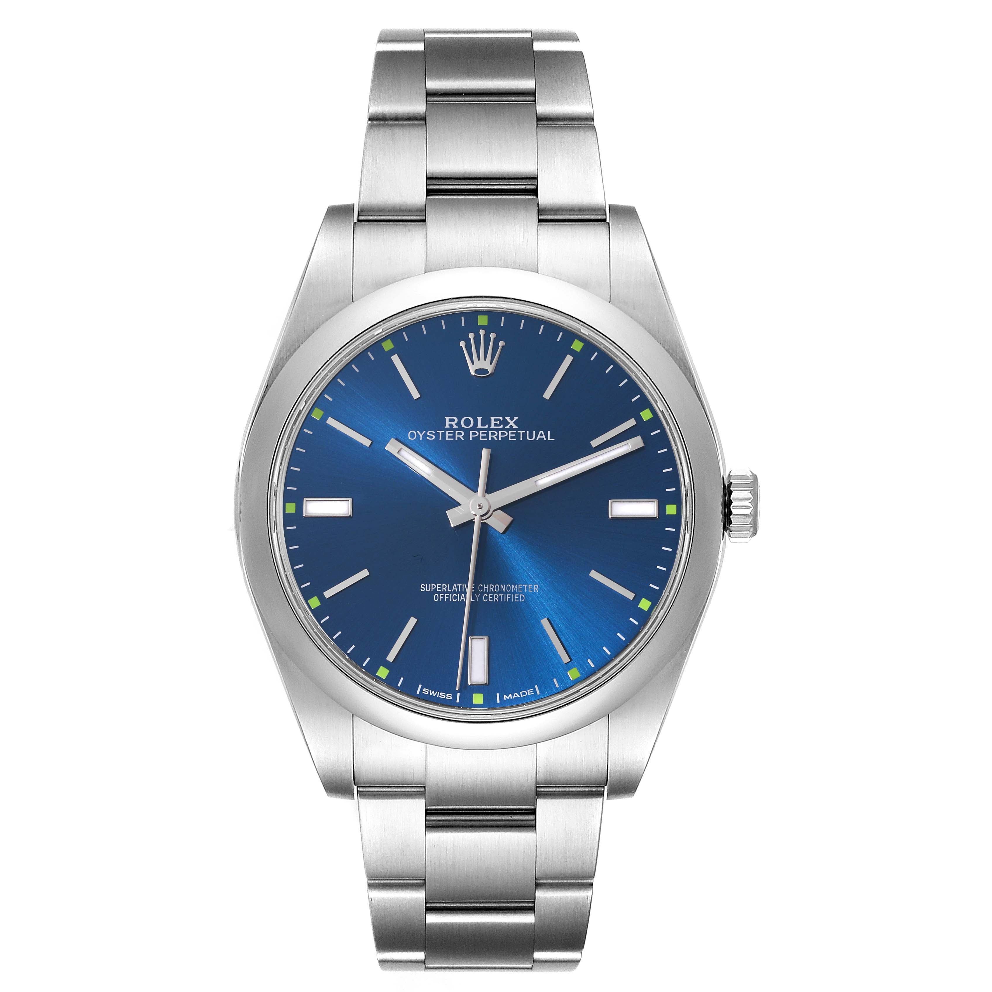 Rolex Oyster Perpetual Date 39mm Blue Dial Smooth Bezel Oyster Stainless Steel Watch 114300