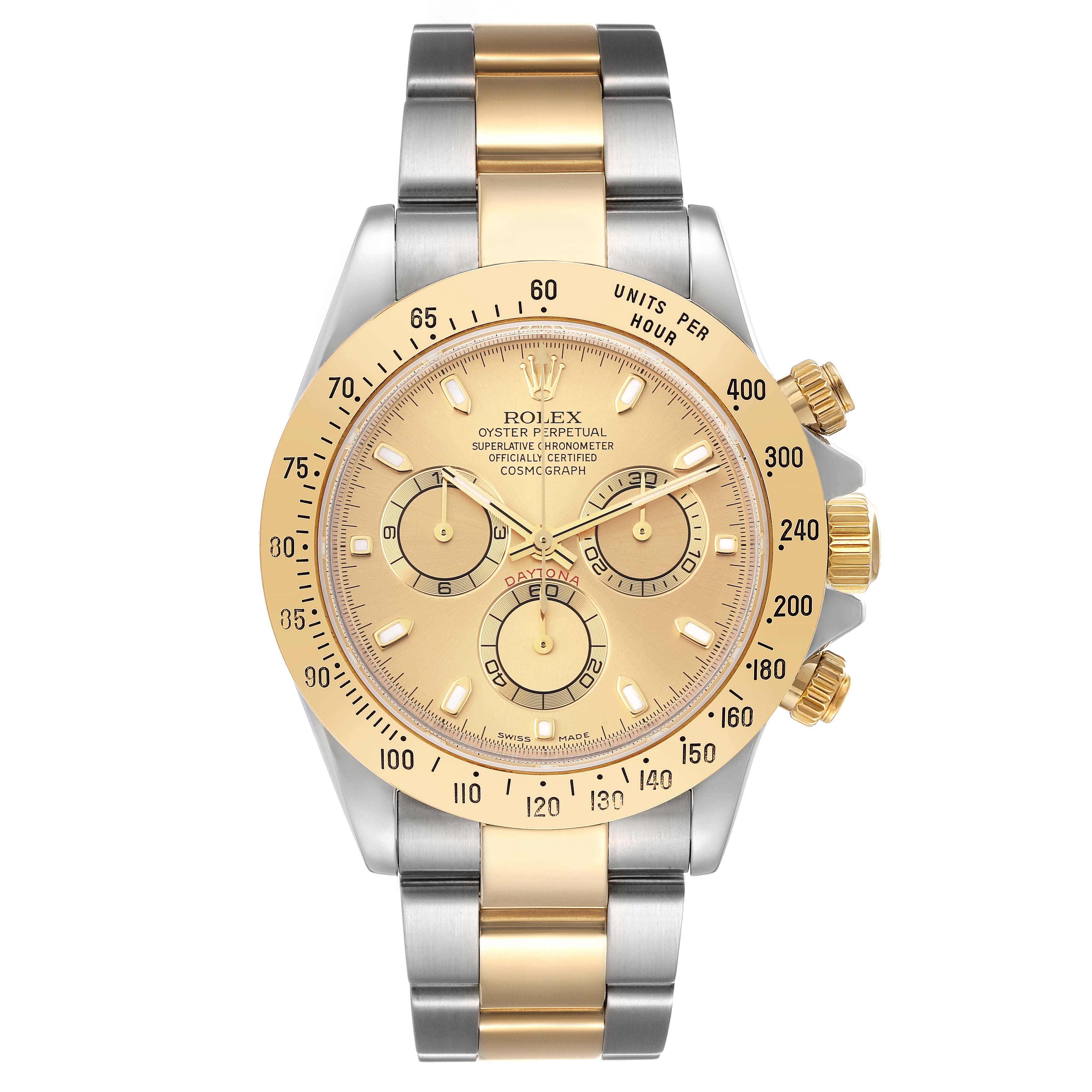 Rolex Daytona Cosmograph 40mm 2-Tone 18k Yellow Gold & Stainless Steel Oyster Champagne Dial Gold Bezel Watch 116523