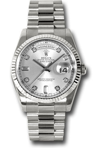 Rolex Day Date President 41mm 18k White Gold Fluted Bezel Silver Baguette Diamond Dial Watch 218239
