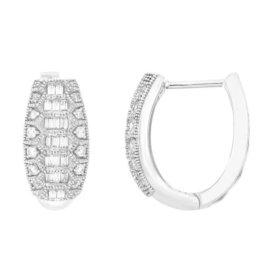 LADIES HOOP EARRINGS 0.25CT ROUND/BAGUETTE DIAMOND 10K WHITE GOLD