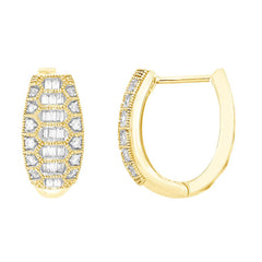 LADIES HOOP EARRINGS 0.25CT ROUND/BAGUETTE DIAMOND 10K YELLOW GOLD