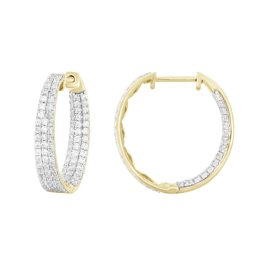 LADIES HOOPS EARRING 1.00CT ROUND DIAMOND 10K YELLOW GOLD