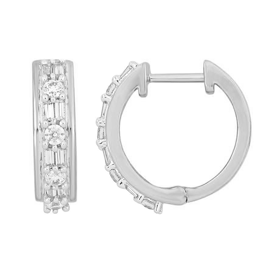 LADIES HOOP EARRINGS 0.40CT ROUND/BAGUETTE DIAMOND 10K WHITE GOLD