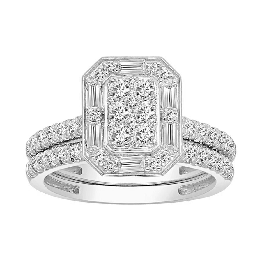 LADIES BRIDAL SET 1.00CT ROUND/BAGUETTE DIAMOND 14K WHITE GOLD