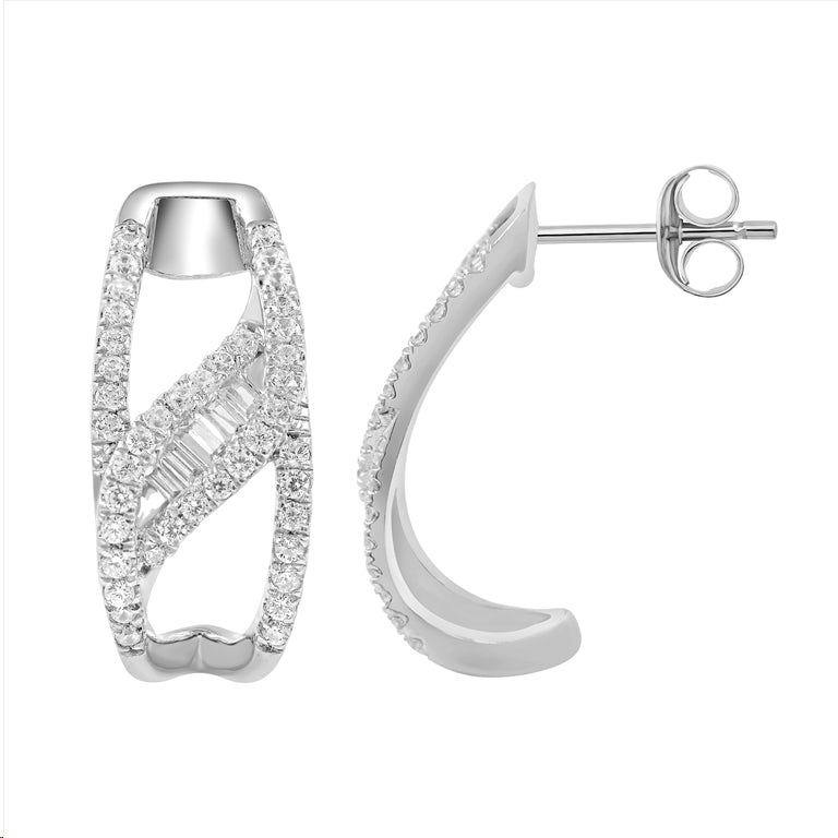 LADIES HOOPS EARRING 0.33CT ROUND/BAGUETTE DIAMOND 14K WHITE GOLD