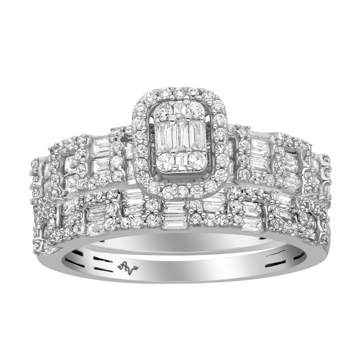 LADIES BRIDAL SET 1.00CT ROUND/BAGUETTE DIAMOND 14K WHITE GOLD