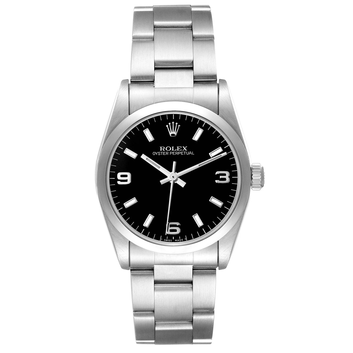 Rolex Midsize 31mm Black Arabic Numeral Dial SS Smooth Bezel Oyster Band Stainless Steel Ladies Watch 67480 (Copy)