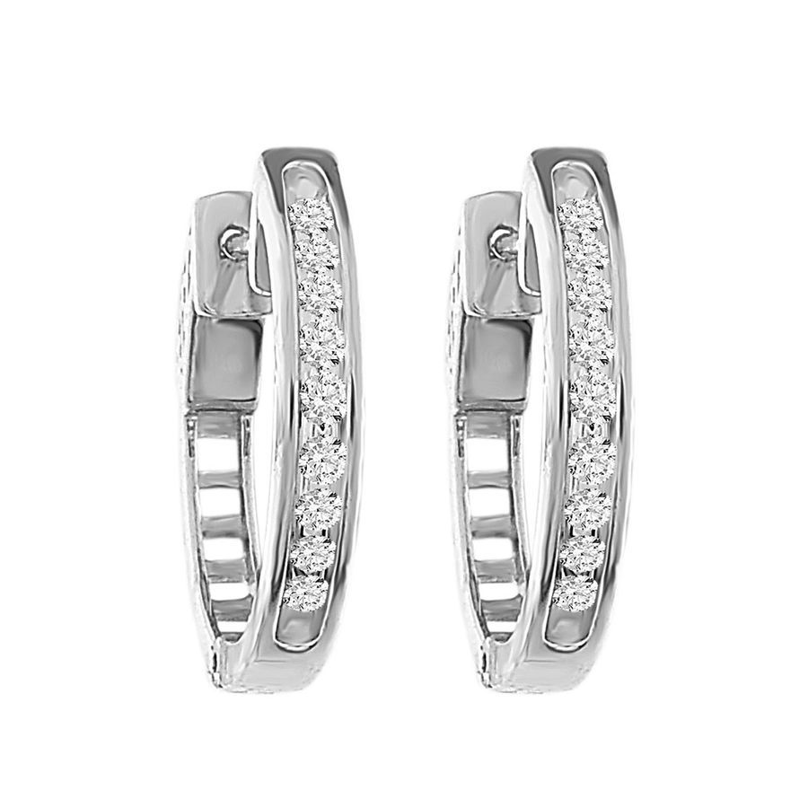 LADIES HOOPS EARRING 0.25CT ROUND DIAMOND 10K WHITE GOLD