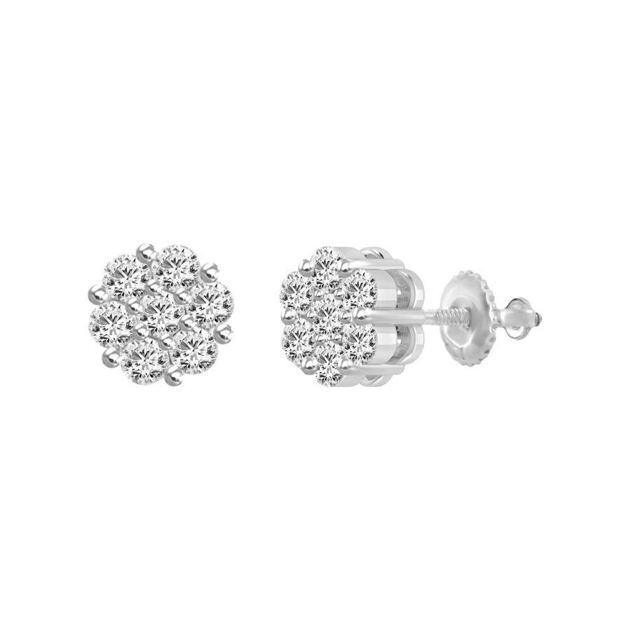 LADIES FLOWER EARRINGS 0.15CT ROUND DIAMOND 10K WHITE GOLD