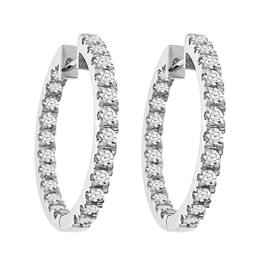 LADIES HOOP EARRINGS 1.50CT ROUND DIAMOND 14K WHITE GOLD (SI QUALITY)