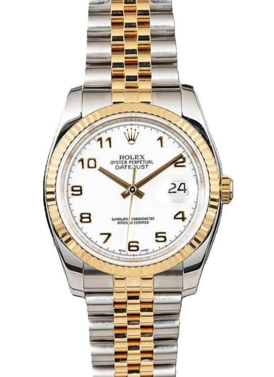 Rolex Datejust 36mm 2 Tone 18k Yellow Gold & Stainless Steel  Fluted Bezel White Arabic Dial Jubilee Watch 116233