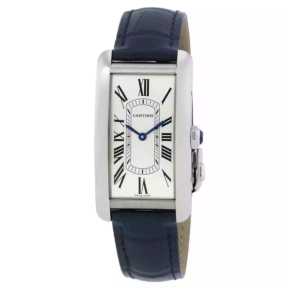 Cartier Tank Americaine 41..6mm x 22.6mm Silver Dial Stainless Steel Black Leather Strap Watch 4275