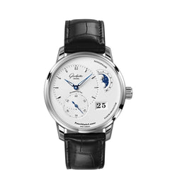 Glashutte PanoMaticLunar 40mm Silver Dial Black Leather Band Stainless Steel Watch 9002423205