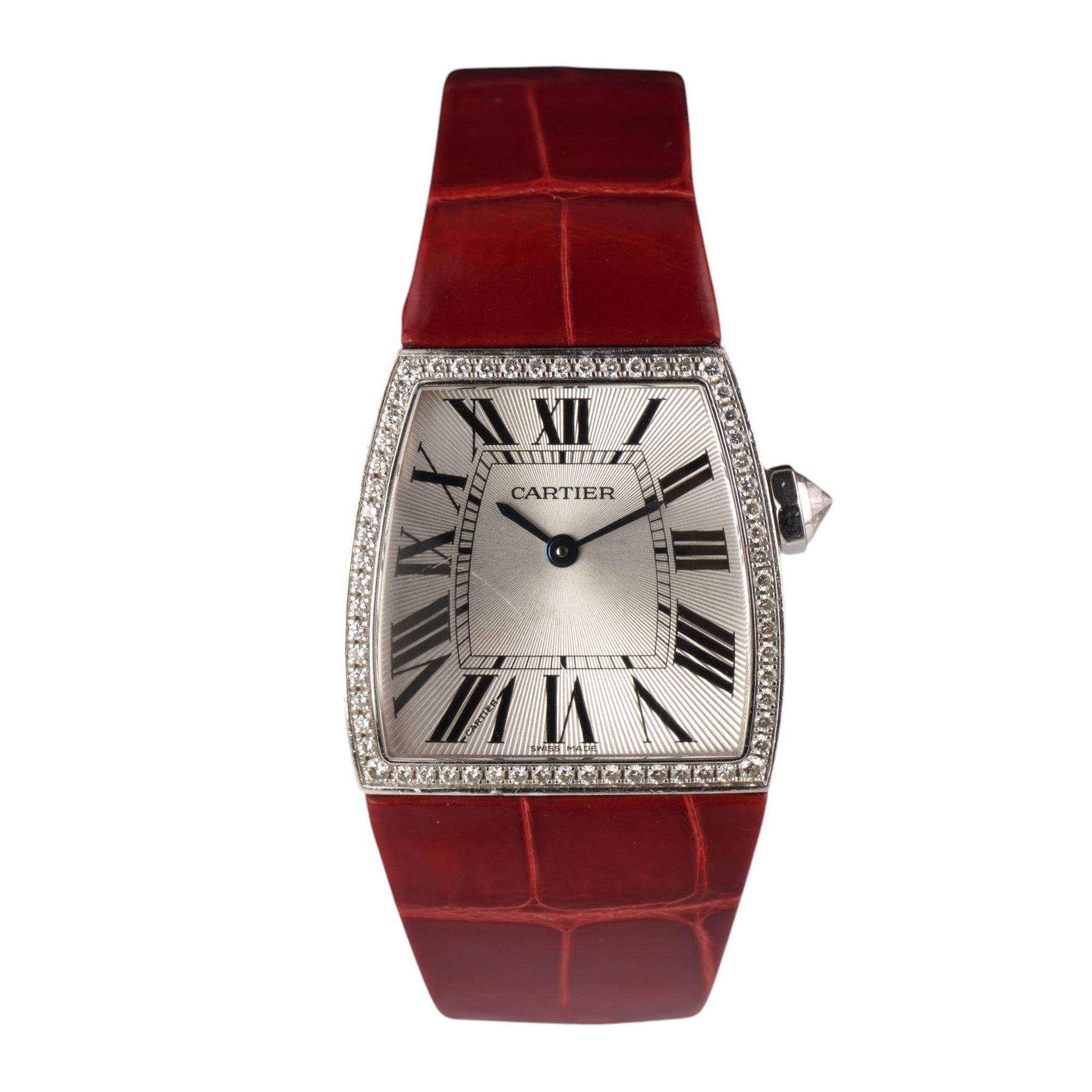 Cartier La Dona 28mm 18k White Gold Silver Dial Factory Diamond Bezel Leather Band Watch 2895