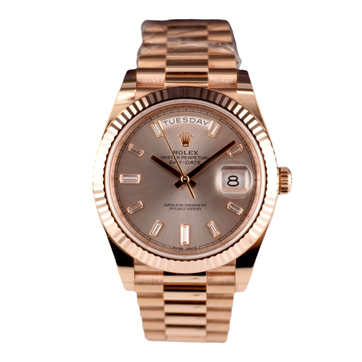 Rolex Day Date President 40mm 18k Rose Gold Fluted Bezel Sundust Diamond Dial Watch 228235