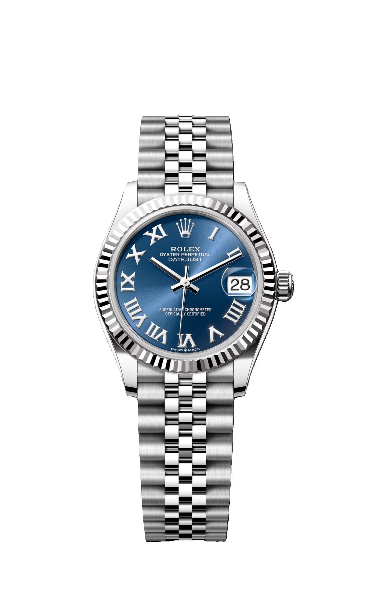 Rolex Datejust 31mm 18k White Gold Fluted Bezel Blue Roman Dial Stainless Steel Jubilee Band Watch 278274