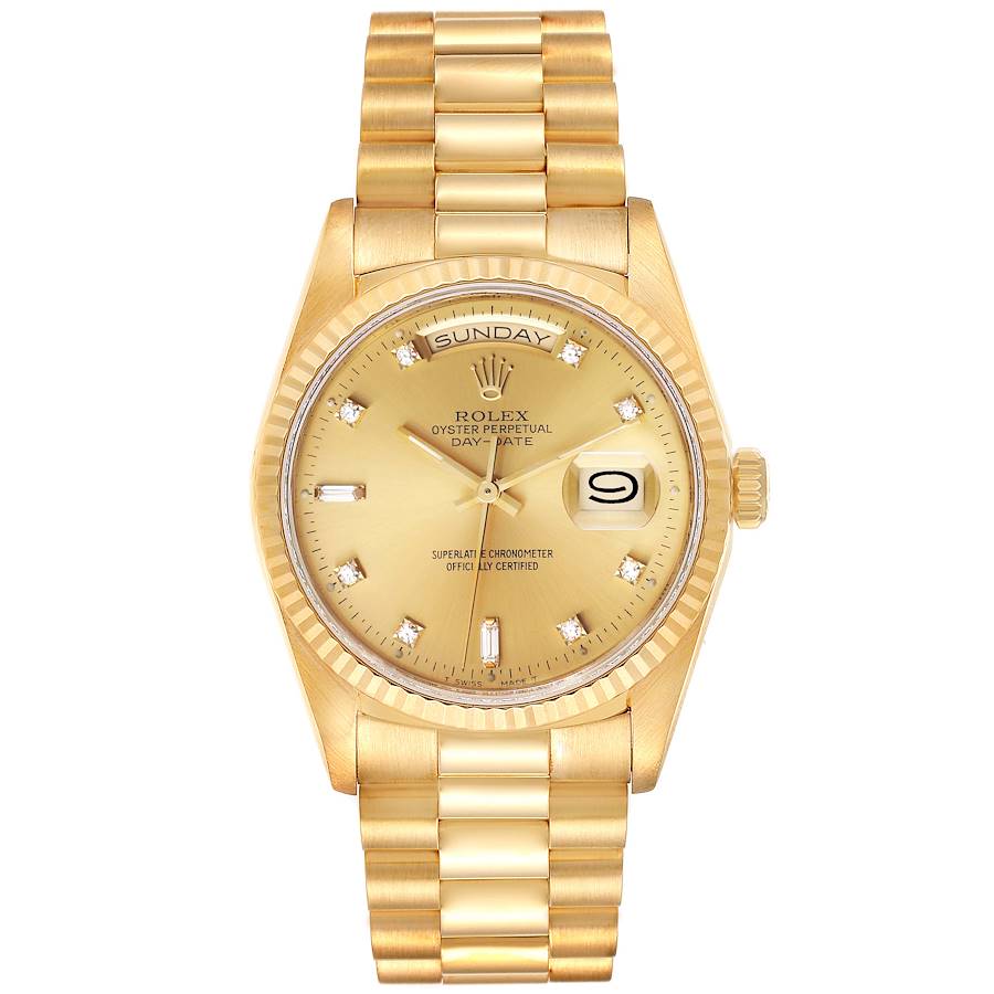 Rolex President Day-Date 18K Yellow Gold Champagne Factory Diamond Dial Fluted Bezel Double Quickset Watch 18238