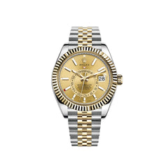 Rolex Sky-Dweller 42mm 18k Yellow Gold & Stainless-Steel Champagne Dial Gold Bezel Jubilee Watch 326933