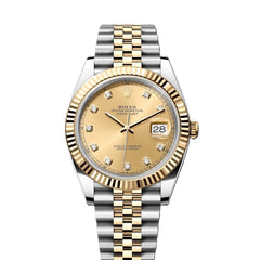 Rolex Datejust 41mm 2 Tone 18k Yellow Gold & Stainless Steel Fluted Bezel Champagne Diamond Dial Jubilee Steel Watch 126333